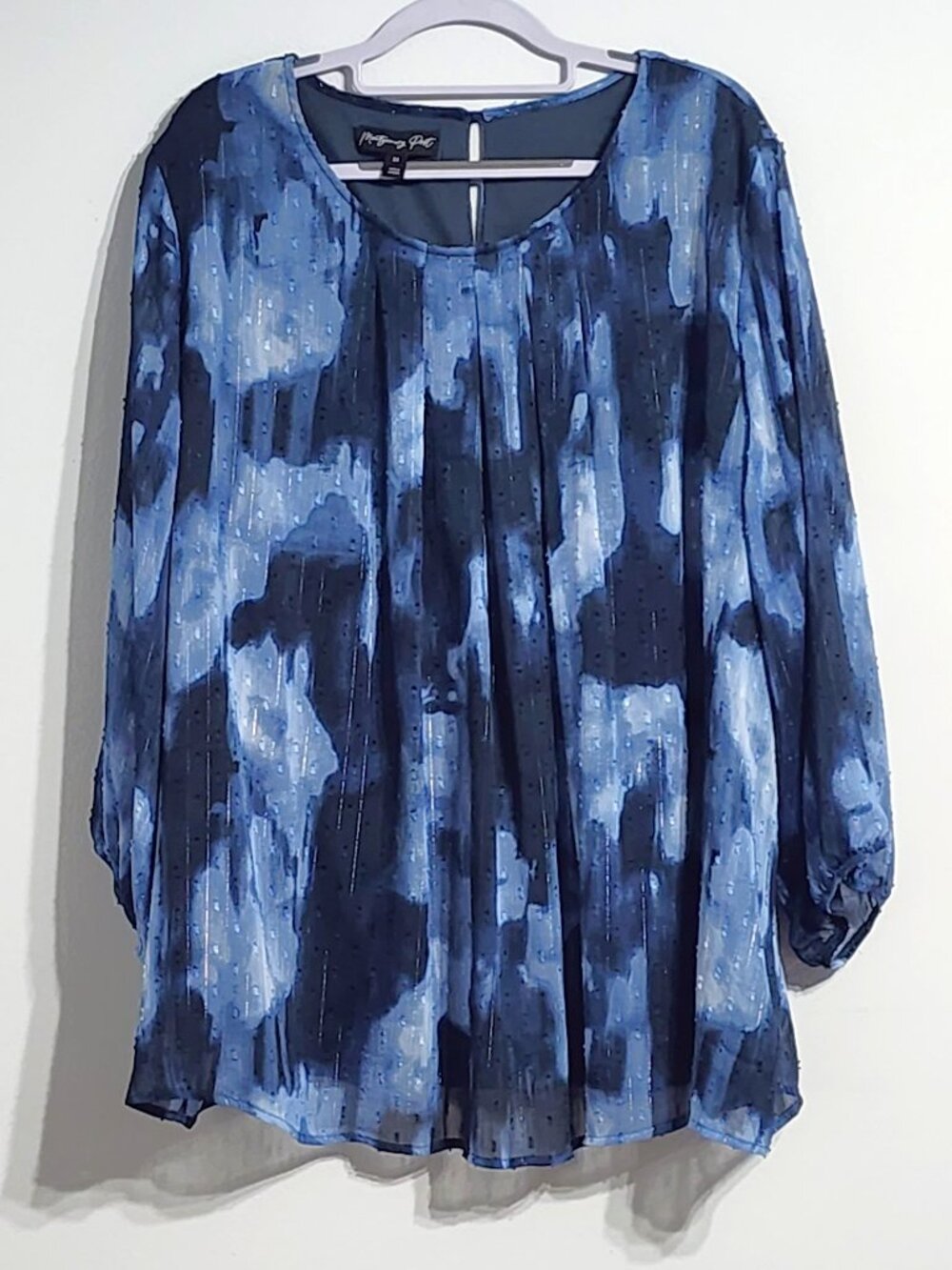 Montgomery Post 3X Blue Abstract Sheer Sleeve Blouse With Metallic Threads